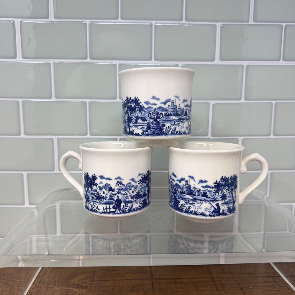 VTG Blue & White Transferware Mugs Set of 3 Grandmillennial English Countryside